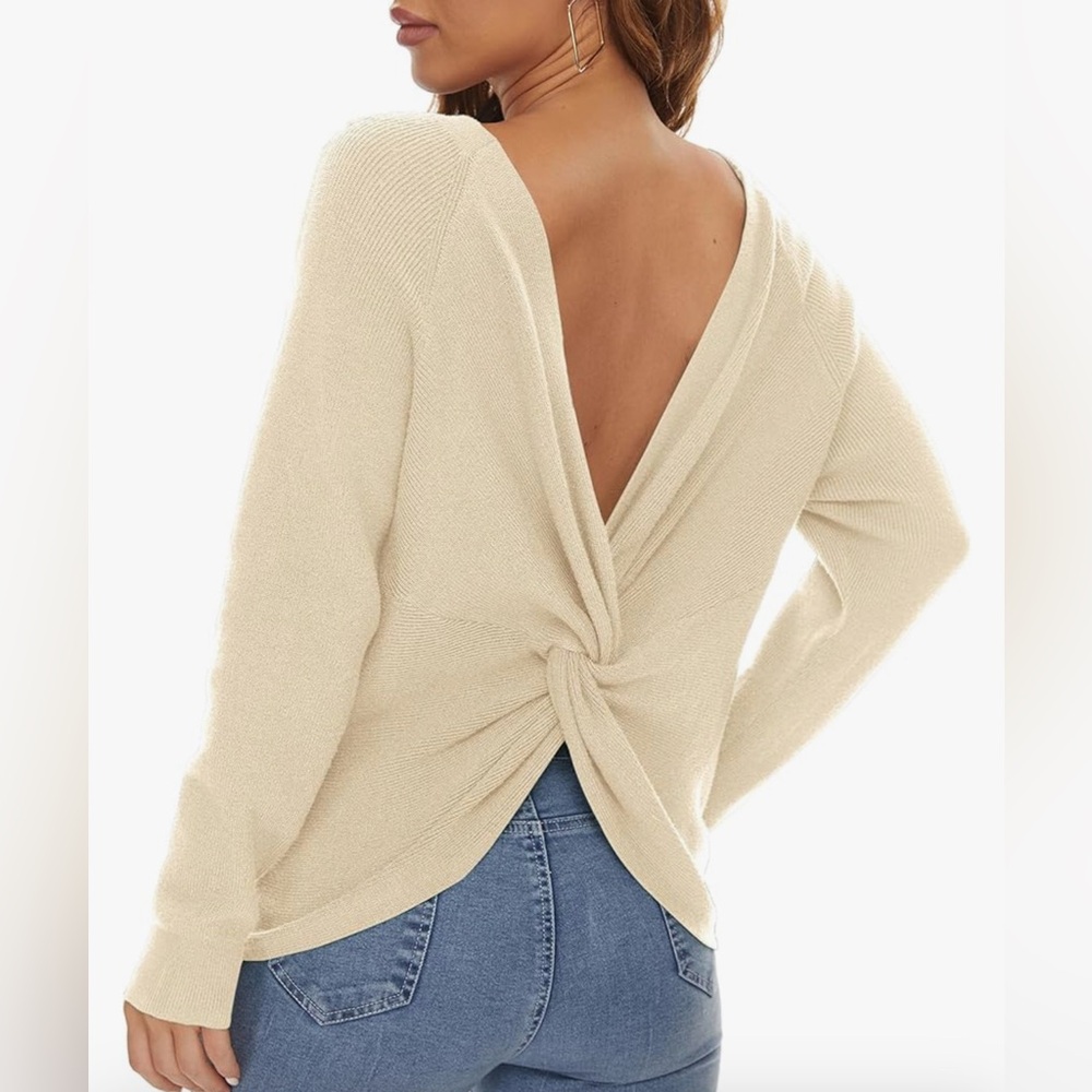 Love Tree Cream Twist-Back V-Neck Knit Top